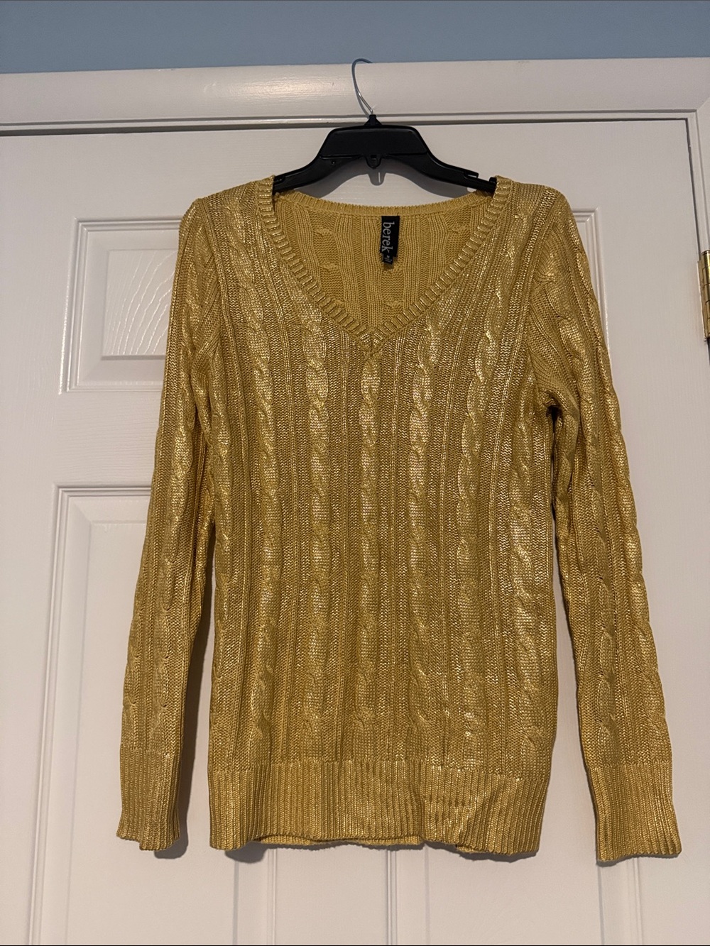 Berek Metallic Gold Cable Knit V-Neck Sweater